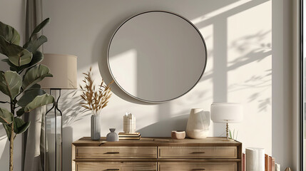 Oval shape mockup photo frame metal border, on dresser in modern living room, 3d render