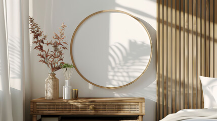 Oval shape mockup photo frame bamboo border, on bedside table in modern living room, 3d render
