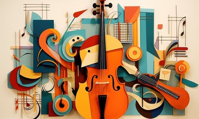 Abstract collage of vibrant cutout images of musical instruments and notes. - obrazy, fototapety, plakaty