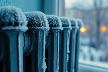 This image shows a close-up of a home radiator covered in snow and icicles against the backdrop of a winter day outside the window. - obrazy, fototapety, plakaty