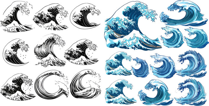 Oceanic waves. Sea hand drawn tsunami or storm waves, marine water shaft, ocean beach surfing waves
