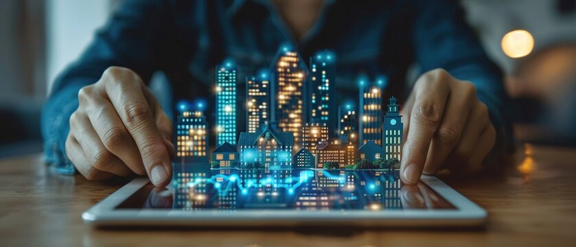 Digital housing market graph presentation on tablet by real estate professional.