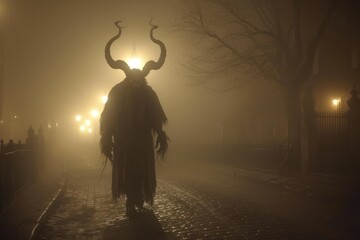 A person donning an ominous horned krampus mask meanders through a mist-enveloped park under the soft glow of overhead string lights, creating an eerie nocturnal scene.