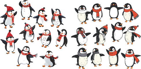 Fototapeta na wymiar Funny holidays penguins. Character bird dancing in scarf to holiday