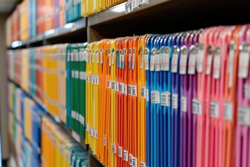 A close-up of old folders with brightly colored files that are methodically labeled and sorted on shelves in the office, showing organization and data - obrazy, fototapety, plakaty