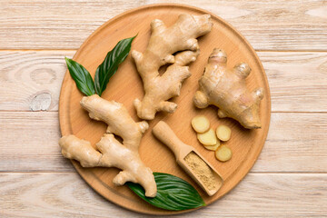 ginger on Cutting board table, top view. Space for text