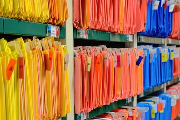 A close-up of old folders with brightly colored files that are methodically labeled and sorted on shelves in the office, showing organization and data