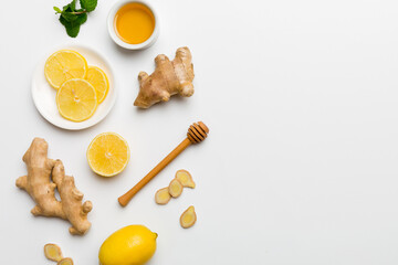 Natural cold and flu home remedies. Natural ingredients for immunity stimulation and viruses protection. top view flat lay
