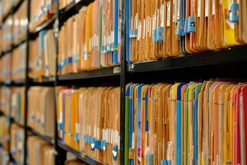 A close-up of old folders with brightly colored files that are methodically labeled and sorted on shelves in the office, showing organization and data - obrazy, fototapety, plakaty