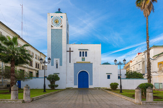 Larache, Morocco. January 28, 2024. Exterior view of Our Lady of the Pillar Church, Spanish protectorate building in North Africa