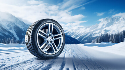 Luxury winter sports car tires near snowy road high in mountains