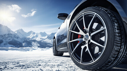 Luxury winter sports car tires near snowy road high in mountains