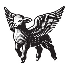 Flying little lamb with wings. Ram. Old vintage engraving illustration. Hand drawn outline graphic. Logo, emblem, icon. Isolated object, cut out. black and white  © Victoria