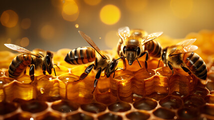 Macro shot of bees collecting honey - obrazy, fototapety, plakaty
