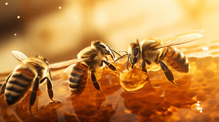 Macro shot of bees collecting honey - Powered by Adobe