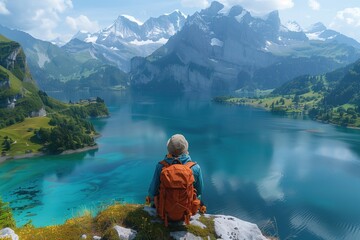 Person Sitting on Mountain Overlooking Lake
