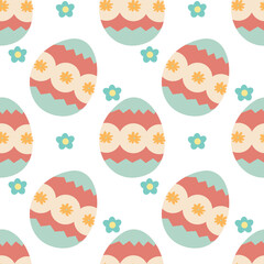 Vector colored Easter eggs seamless pattern for Easter holidays on background. Patterns, flowers, lines, dots,hearts. Vector illustration flat cartoon style. EPS 10