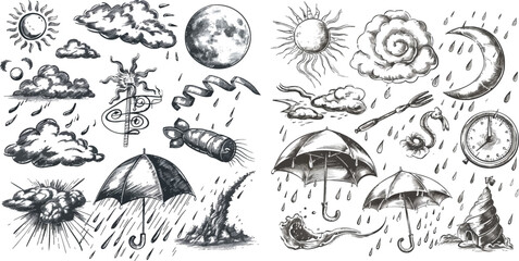 Sketch weather icons. Hand drawn rain, storm and snow