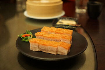 Close up plate of barbecue crispy pork belly