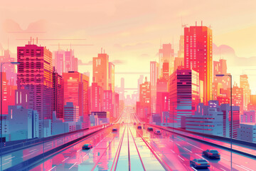 Sunset scene of future tech city