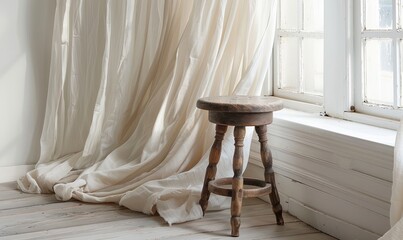 An old chair by the window and a white curtain. A place to rest