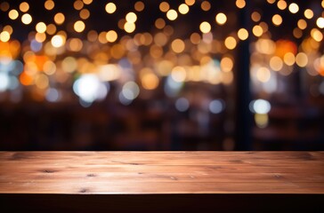 Empty wooden table top with blurred background of bar or cafe at night for product display montage, banner design.