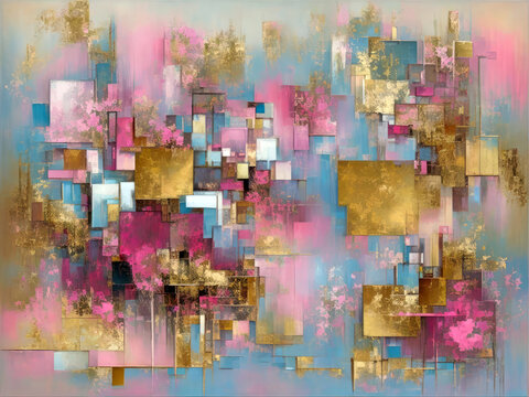 Abstract art style cover design with a pattern of paint squares in gold, pink and turquoise colors © Hi-Point