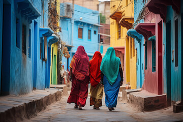 Fototapeta premium Indian women in colorful sari on city street
