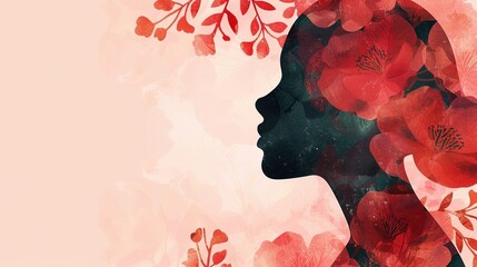 Silhouette von einer Frau zwischen roten Blumen, freier Platz für Text  - obrazy, fototapety, plakaty