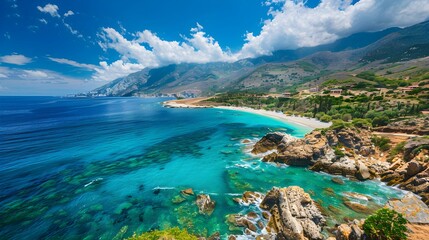 Beautiful sunny coast view to an amazing paradise holiday bay with crystal clear blue water sandy beach, Seychelles, Ikaria island, Greece - obrazy, fototapety, plakaty