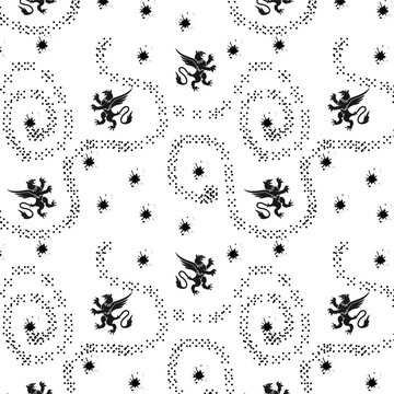 Abstract pattern. Lion, blots, dots Seamless pattern on a white background. Vector illustration Flyer background design, advertising background, fabric, clothing, texture, textile pattern.