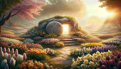 Easter Illustration Concept - Tomb of Christ, surrounded by flowers