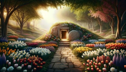 Easter Illustration Concept - Tomb of Christ, surrounded by flowers