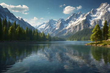 A landscape of a tranquil lake with mountains background