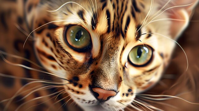 Bengal cat brown spotted domesticated leopard like image of a pet house cat. The pet has expressive large healthy eyes. Image was created with digital art.