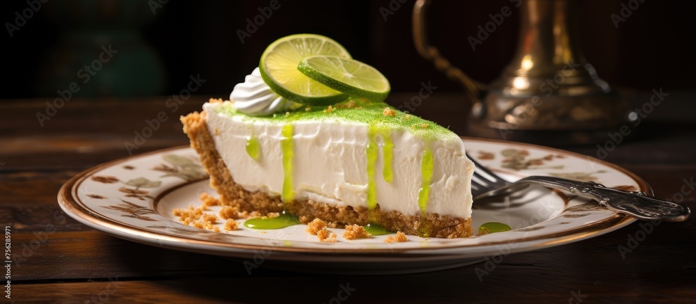 Sticker A slice of key lime pie served on a plate with a fork. This baked goods dish is a popular dessert in American cuisine