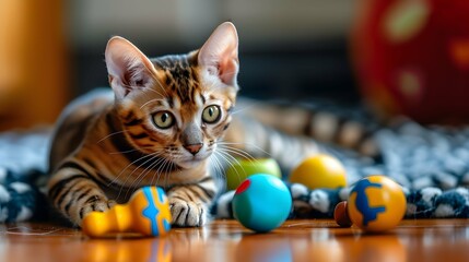 Bengal cat / Cat resting proudly next to a hunted toy