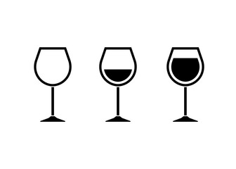 Wine in a glass simple icon. Alcoholic drink flat design. Empty, half and full cup. Vector