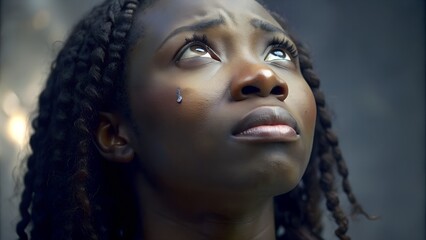 Emotional Christian Concept: Young Black Woman Moved by Grace - obrazy, fototapety, plakaty