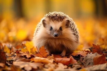 Hedgehog in in the forest. Wildlife in colourful Autumn scenery. Ai Generative - obrazy, fototapety, plakaty
