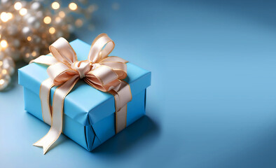 Un joli petit paquet cadeau d'anniversaire emballé avec un élégant ruban doré sur un fond bleu festif - obrazy, fototapety, plakaty