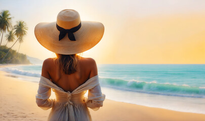 Une belle femme portant un grand chapeau tournée de dos sur une plage de sable avec des palmiers regarde la mer au loin pendant un coucher de soleil évoquant les vacances d'été - obrazy, fototapety, plakaty