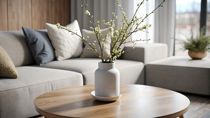 Minimalist Modern Living Room: Ceramic Vase with Blossom Twigs on Round Wooden Coffee Table