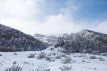 Karachay-Cherkessia, Russia. Caucasus Mountains winter landscape. - 756286743