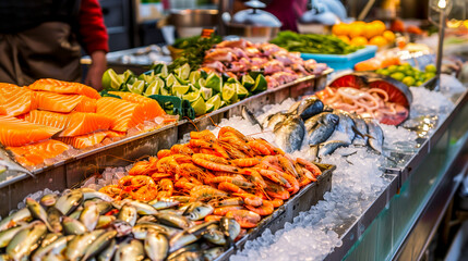 local market stall with fresh fish and seafood with blurred background - local trade and seafood products concept