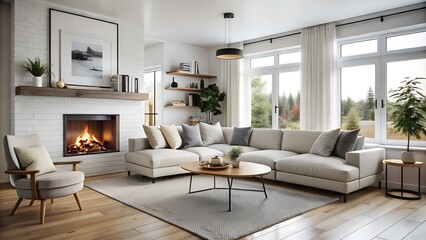 Naklejka na ściany i meble Scandinavian Modern Living Room: White Corner Sofa Near Fireplace