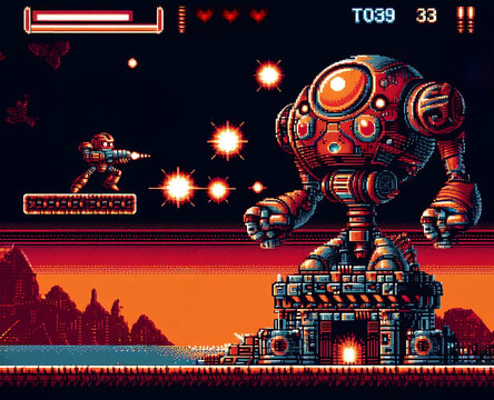 Retro video game from the 90s with an armed robot trying to defeat the final boss.