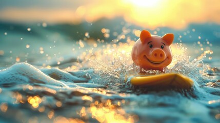 A piggy bank on a surfboard riding the waves of economic growth, collecting coins and avoiding financial pitfalls - obrazy, fototapety, plakaty
