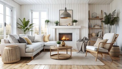 Scandinavian Hygge Home Interior: Rattan Lounge Chair, Wicker Pouf, White Sofa by Fireplace