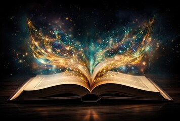 An open book with pages glowing, representing the universe of knowledge and inspiration. The background is dark with stars and galaxies